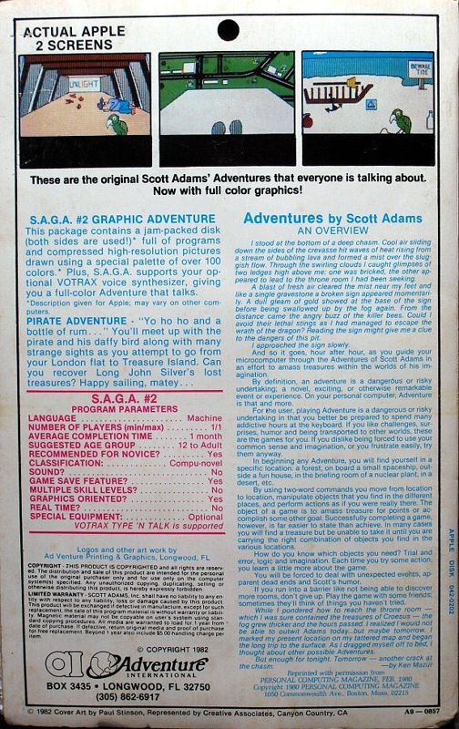 Back Cover for Scott Adams' Graphic Adventure #2: Pirate Adventure (Apple II) (Styrofoam Folder)