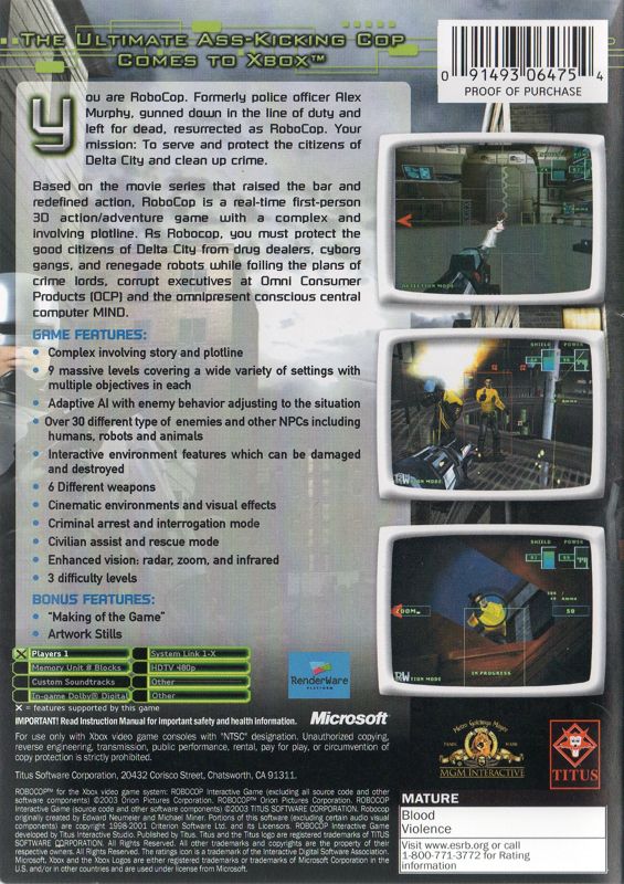 Back Cover for RoboCop (Xbox)