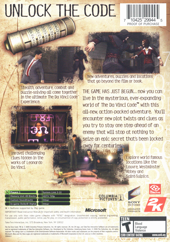 Back Cover for The Da Vinci Code (Xbox)