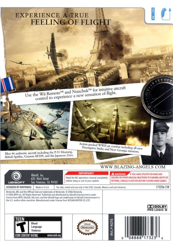Back Cover for Blazing Angels: Squadrons of WWII (Wii)
