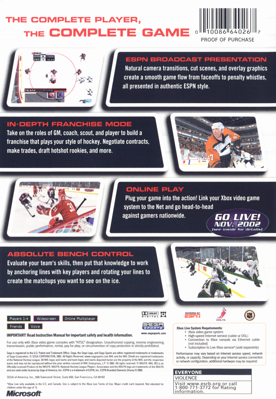 Back Cover for NHL 2K3 (Xbox)
