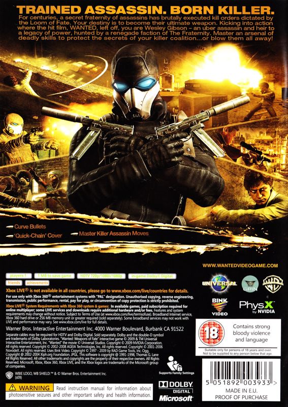 Back Cover for Wanted: Weapons of Fate (Xbox 360)