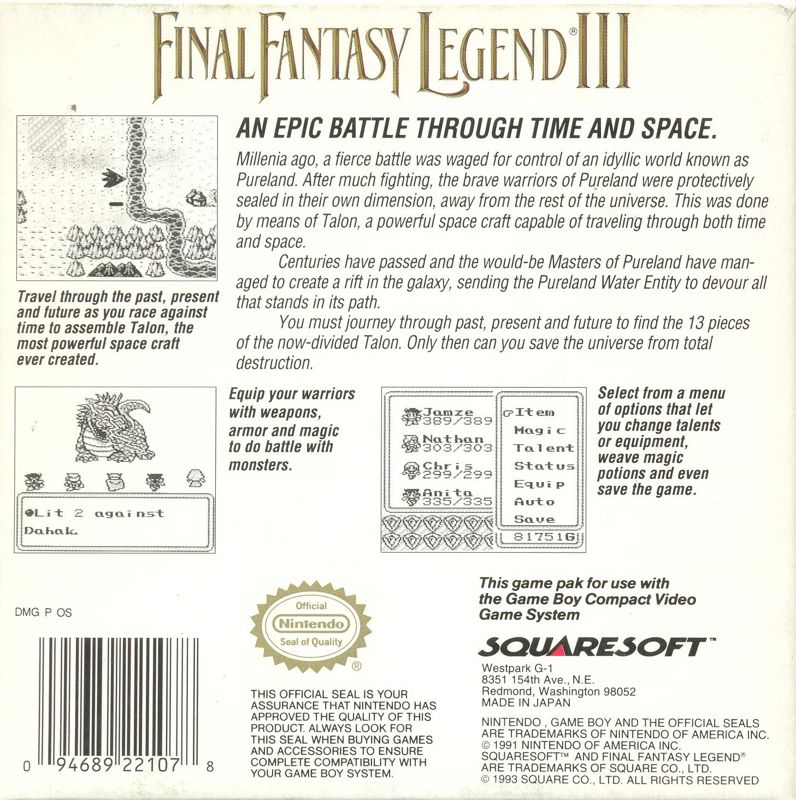 Back Cover for Final Fantasy Legend III (Game Boy) (Square release)