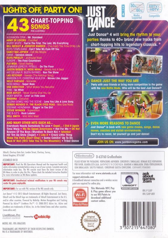 Back Cover for Just Dance 4 (Wii)