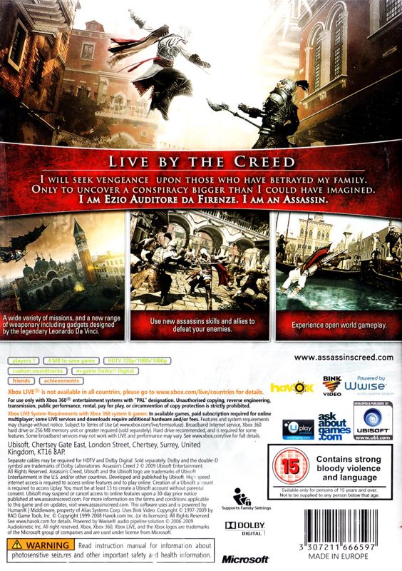 Back Cover for Assassin's Creed II (Xbox 360)