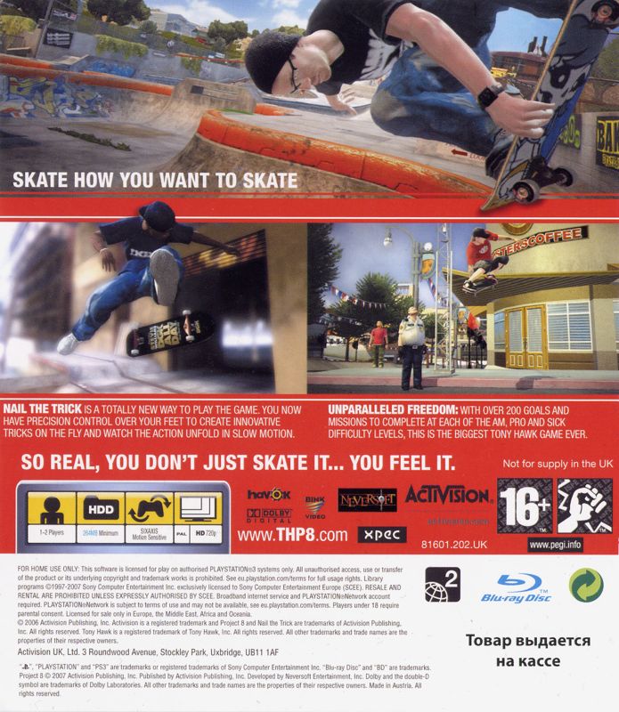 Back Cover for Tony Hawk's Project 8 (PlayStation 3) (Promotional cover)