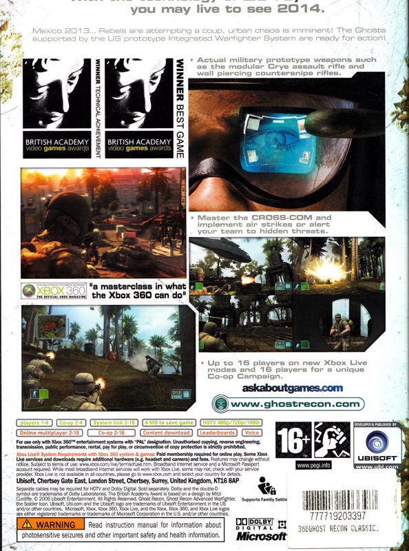 Back Cover for Tom Clancy's Ghost Recon: Advanced Warfighter (Xbox 360) (Classics release)
