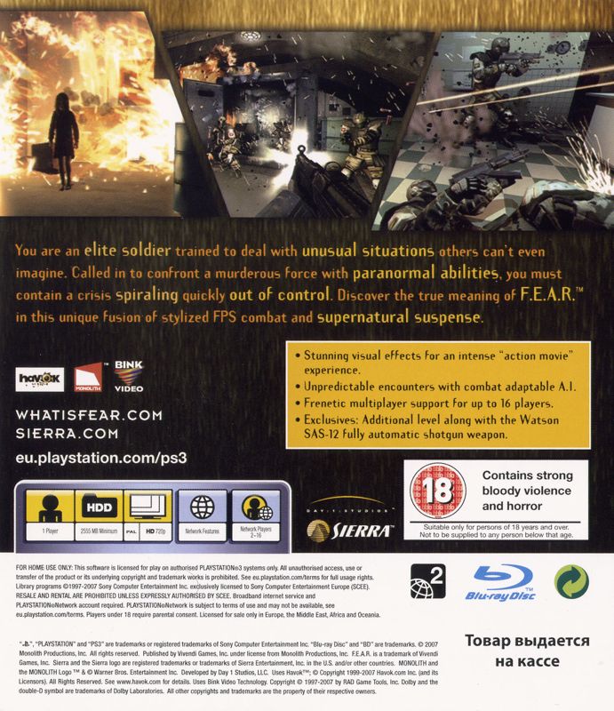 Back Cover for F.E.A.R.: First Encounter Assault Recon (PlayStation 3) (Promotional cover)