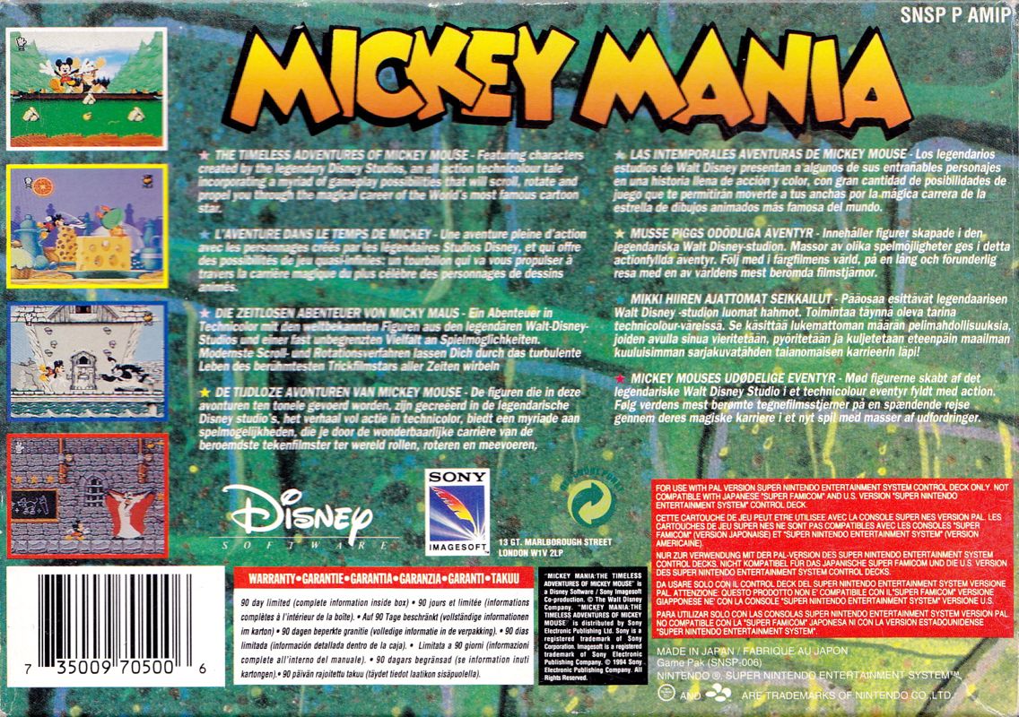 Back Cover for Mickey Mania (SNES)