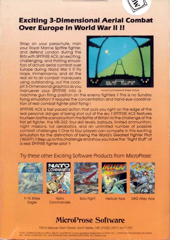 Back Cover for Spitfire Ace (Atari 8-bit)