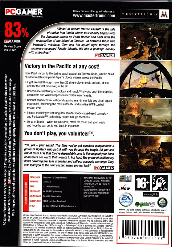 Back Cover for Medal of Honor: Pacific Assault (Windows) (Mastertronic release)
