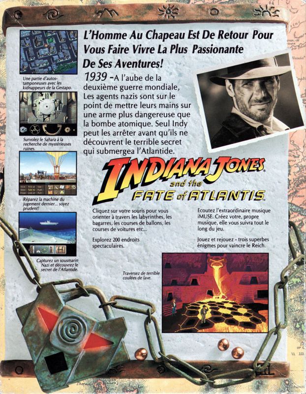 Back Cover for Indiana Jones and the Fate of Atlantis (DOS) (1st 5"1/4 French Release : box and manual in French, but game in English.)
