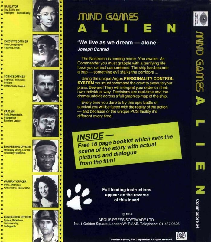 Back Cover for Alien (Commodore 64)