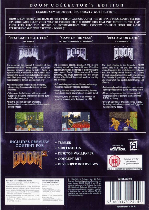 Back Cover for Doom: Collector's Edition (Windows) (Release with BBFC rating)