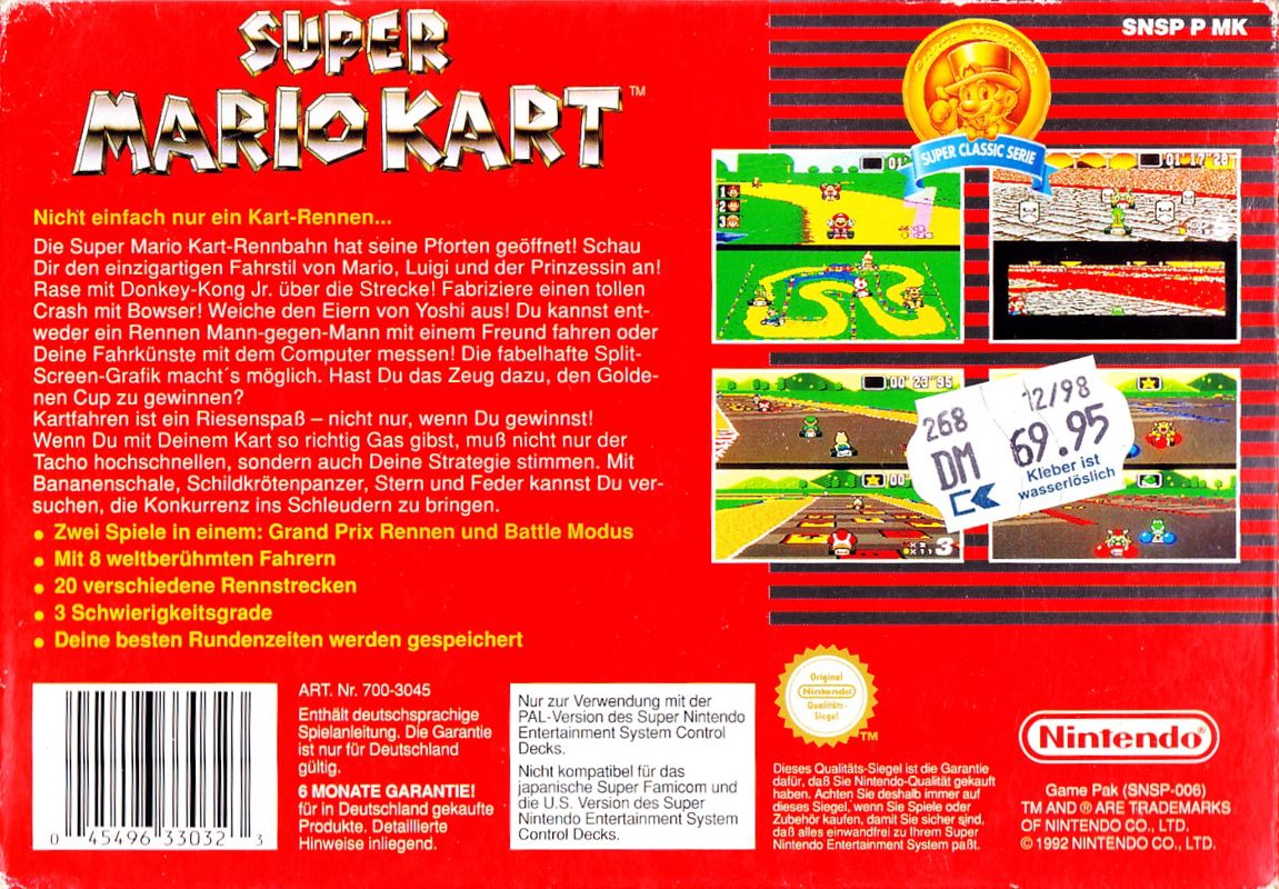 Back Cover for Super Mario Kart (SNES) (Super Classic Serie release)