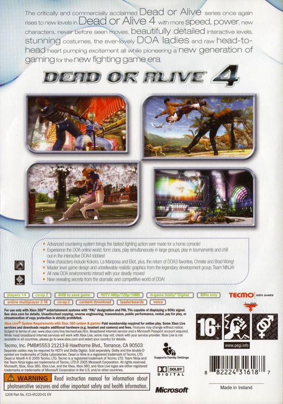 Back Cover for Dead or Alive 4 (Xbox 360) (Classics release)