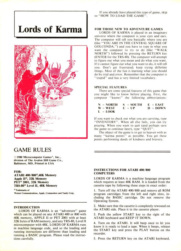 Manual for Lords of Karma (Apple II and Atari 8-bit and Commodore PET/CBM and TRS-80): Front