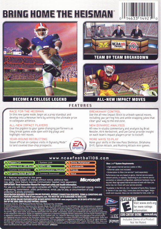 Back Cover for NCAA Football 06 (Xbox)