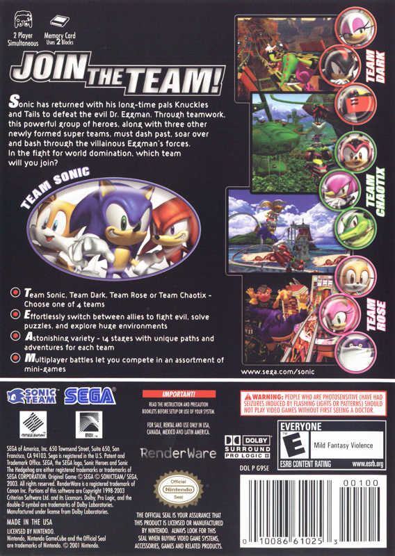 Back Cover for Sonic Heroes (GameCube) (Player's Choice release)