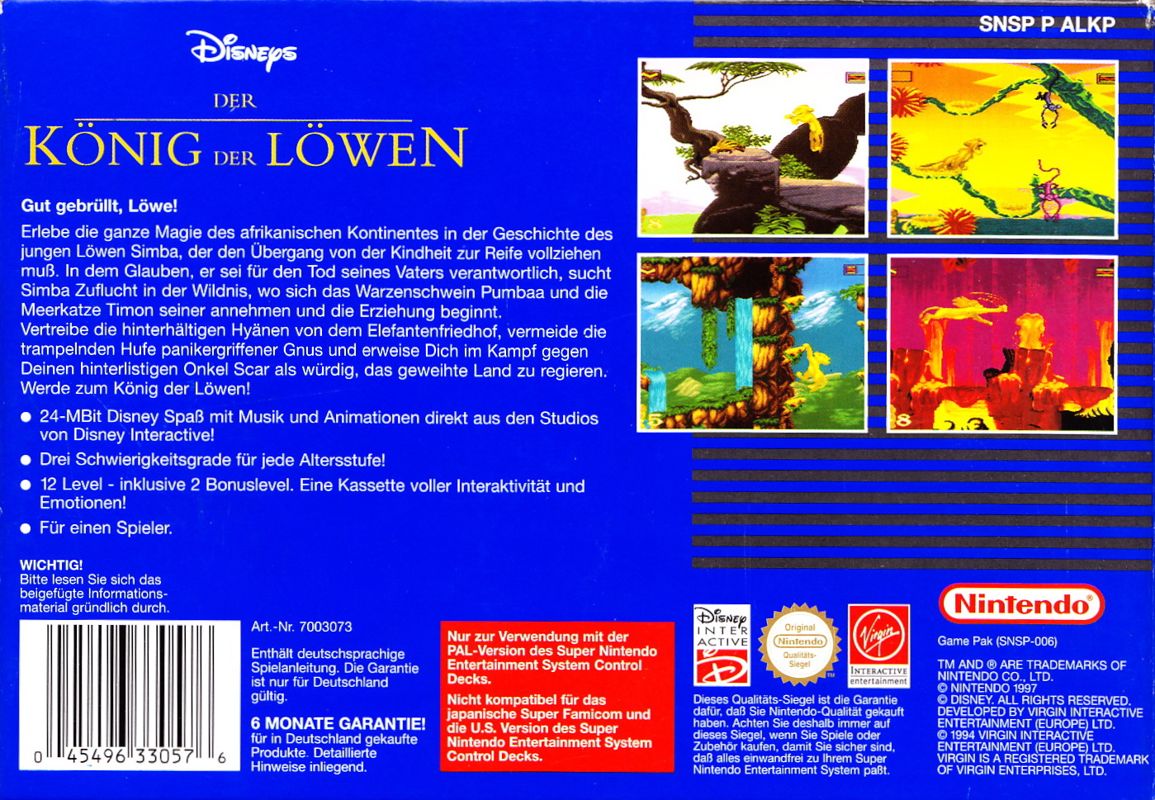 Back Cover for The Lion King (SNES) (Disney's Classic Video Games release)