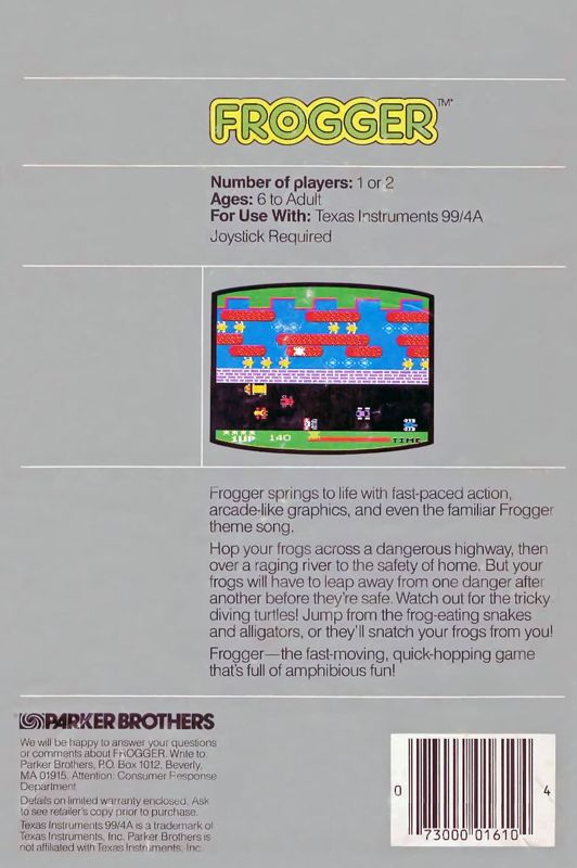 Back Cover for Frogger (TI-99/4A)
