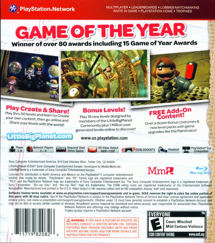 Back Cover for LittleBigPlanet: Game of the Year Edition (PlayStation 3) (Greatest Hits release)