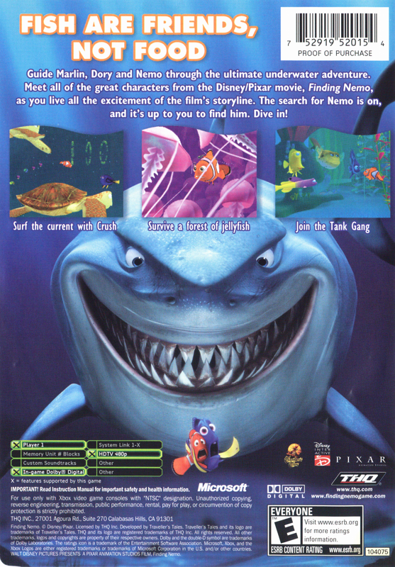 Back Cover for Disney•Pixar Finding Nemo (Xbox) (Platinum Hits)