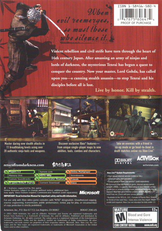 Back Cover for Tenchu: Return from Darkness (Xbox)
