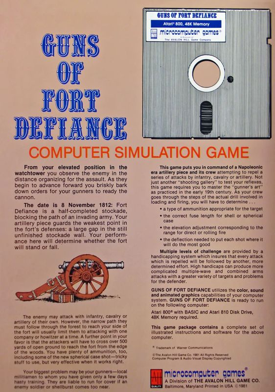 Back Cover for Guns of Fort Defiance (Atari 8-bit)