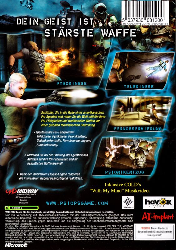 Back Cover for Psi-Ops: The Mindgate Conspiracy (Xbox)