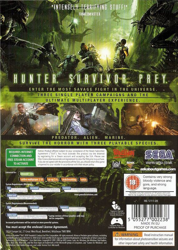 Back Cover for Aliens vs Predator (Windows)