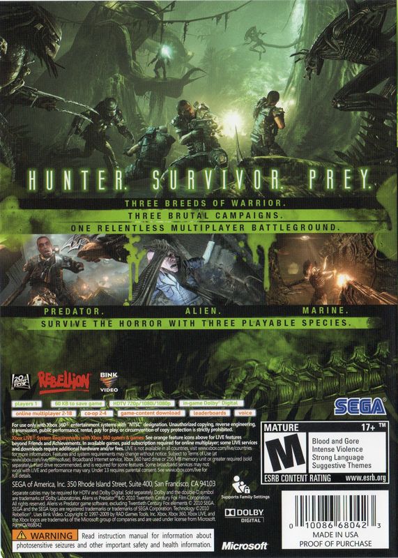 Back Cover for Aliens vs Predator (Xbox 360)