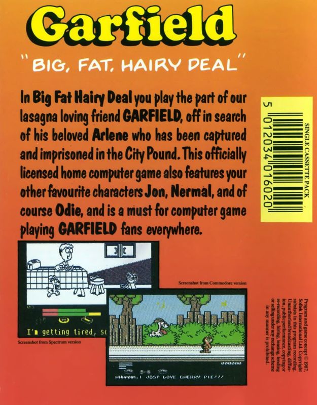 Back Cover for Garfield: Big, Fat, Hairy Deal (Commodore 64)