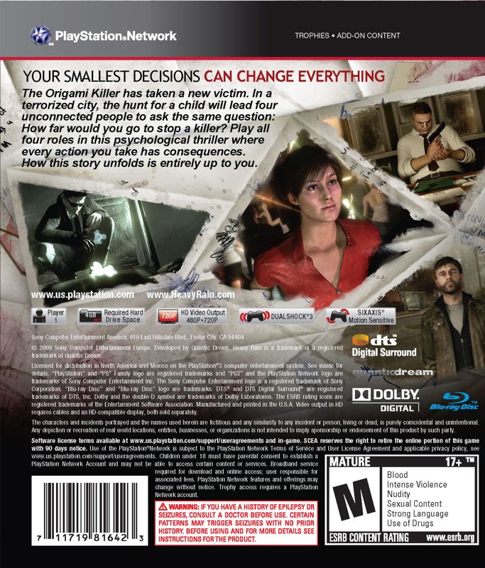 Back Cover for Heavy Rain (PlayStation 3) (Official alternate cover)