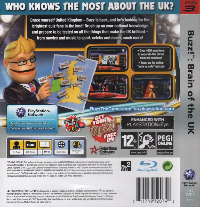 Back Cover for Buzz! Brain of the UK (PlayStation 3)