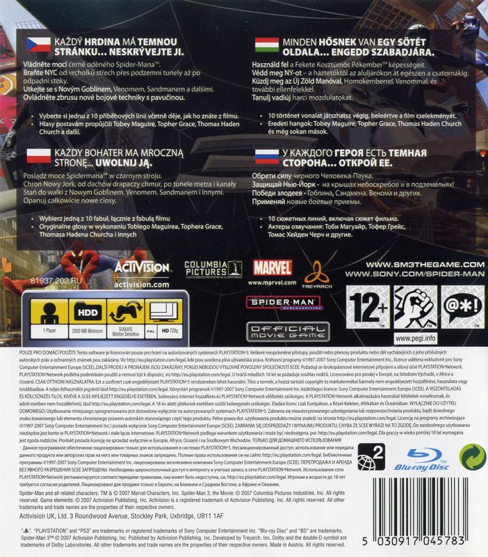 Back Cover for Spider-Man 3 (PlayStation 3)