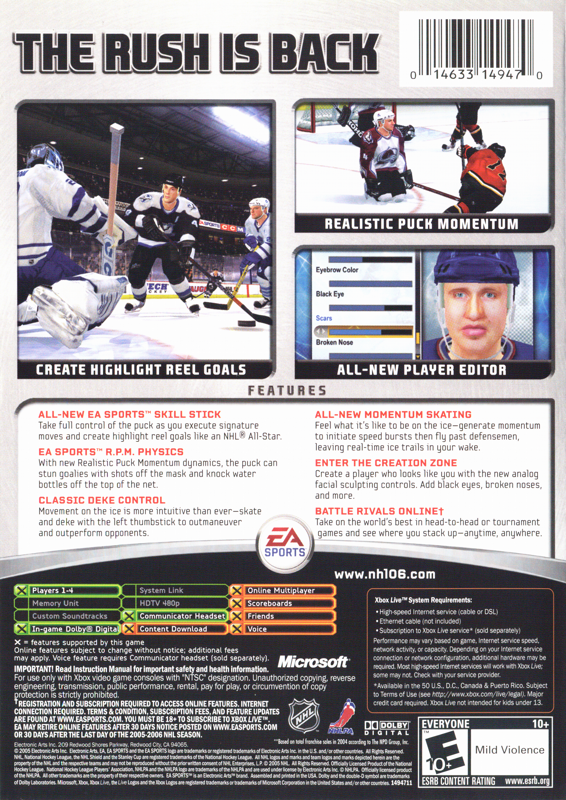 Back Cover for NHL 06 (Xbox)