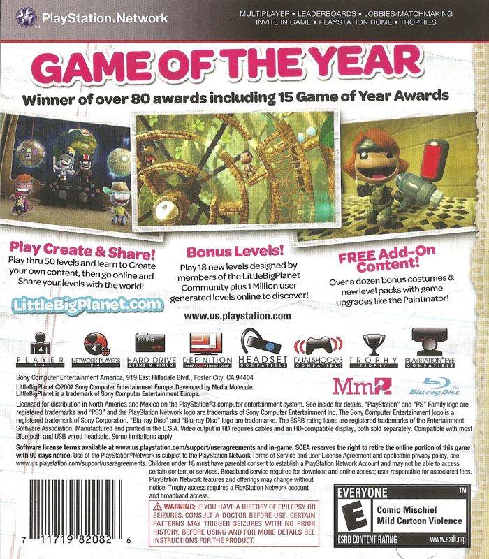 Back Cover for LittleBigPlanet: Game of the Year Edition (PlayStation 3) (Second release)
