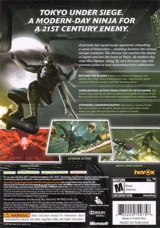 Back Cover for Ninja Blade (Xbox 360)
