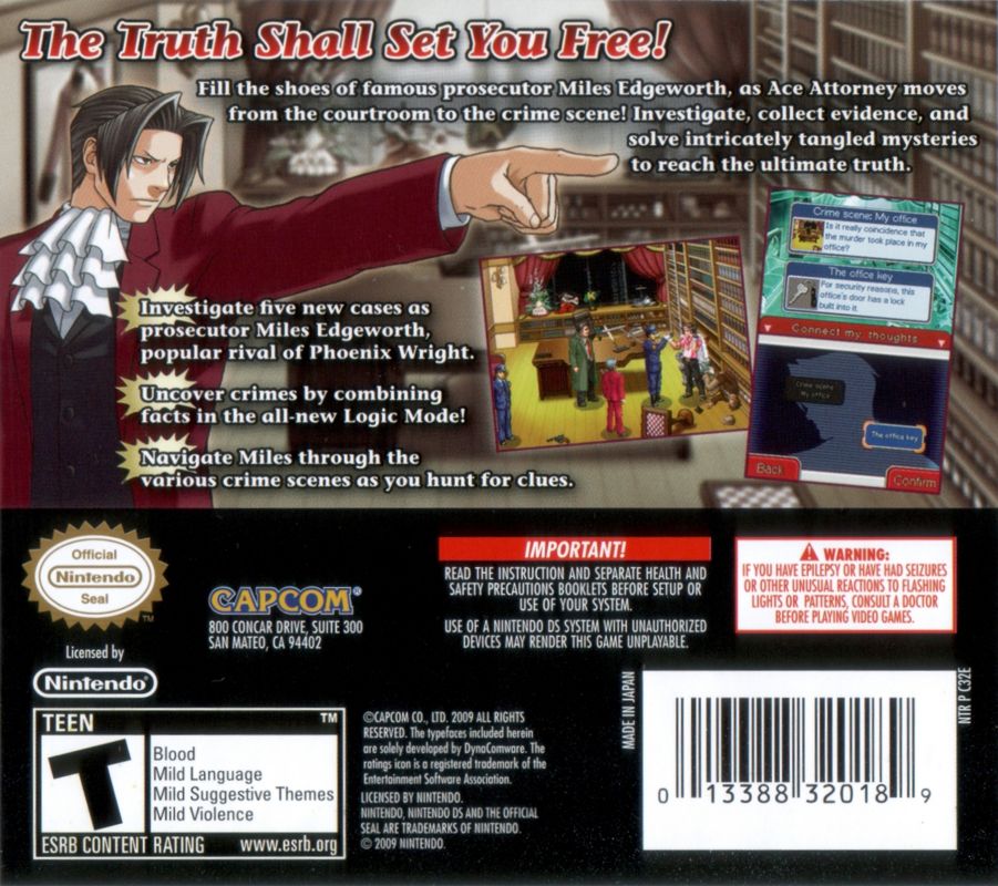 Back Cover for Ace Attorney Investigations: Miles Edgeworth (Nintendo DS)