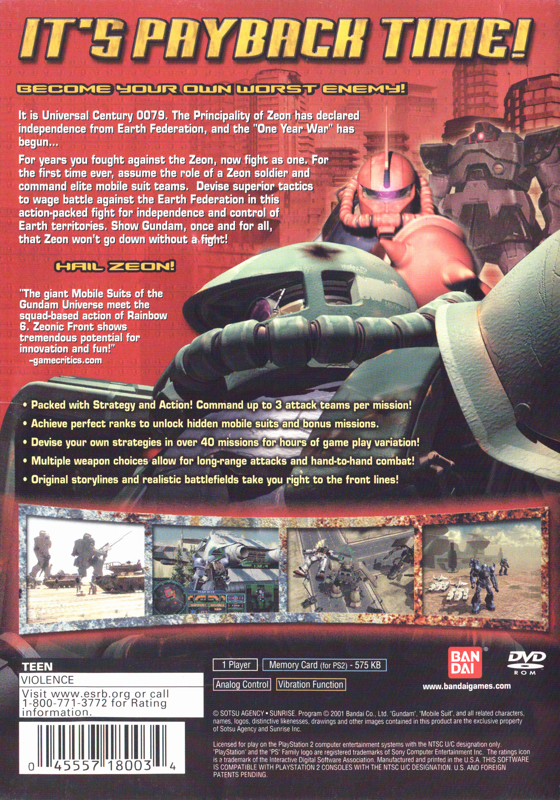 Back Cover for Mobile Suit Gundam: Zeonic Front (PlayStation 2)