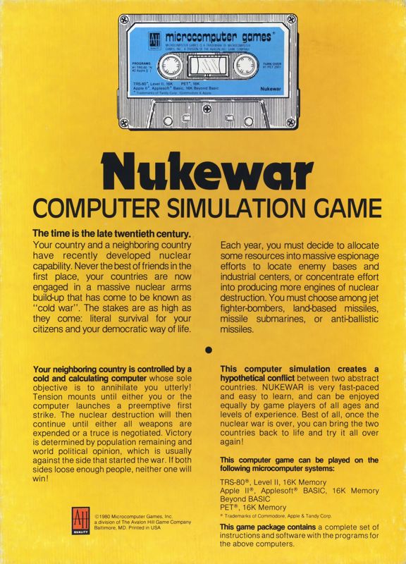 Back Cover for Nukewar (Apple II and Commodore PET/CBM and TRS-80)