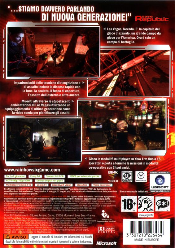 Back Cover for Tom Clancy's Rainbow Six: Vegas (Xbox 360)