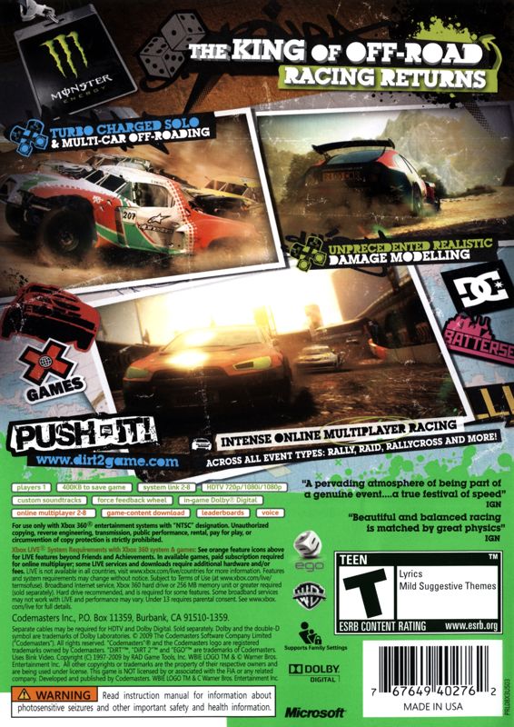Back Cover for DiRT 2 (Xbox 360)