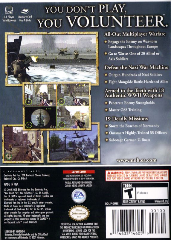 Back Cover for Medal of Honor: Frontline (GameCube) (Player's Choice release)