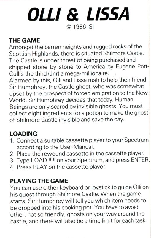 Inside Cover for Olli & Lissa: The Ghost of Shilmore Castle (ZX Spectrum)