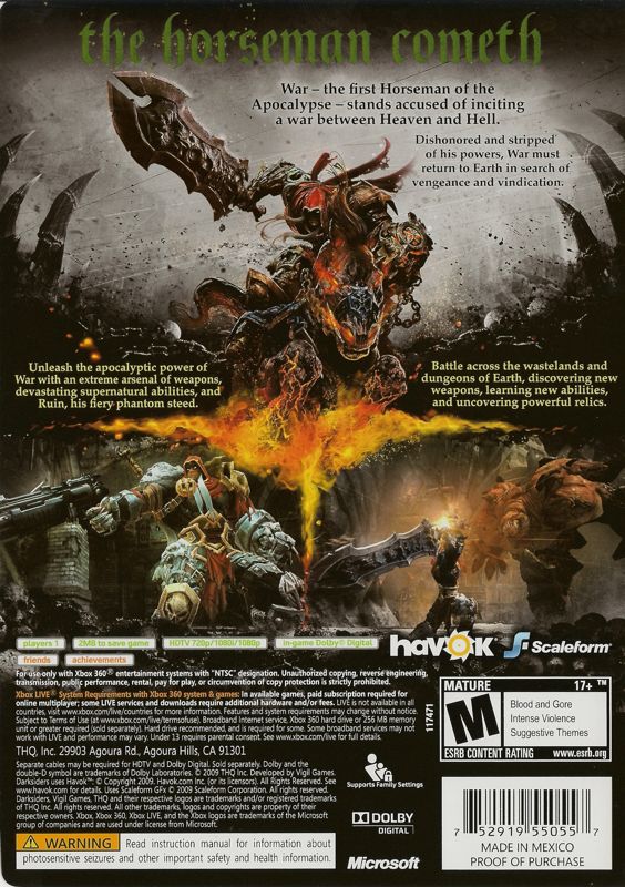 Back Cover for Darksiders (Xbox 360)