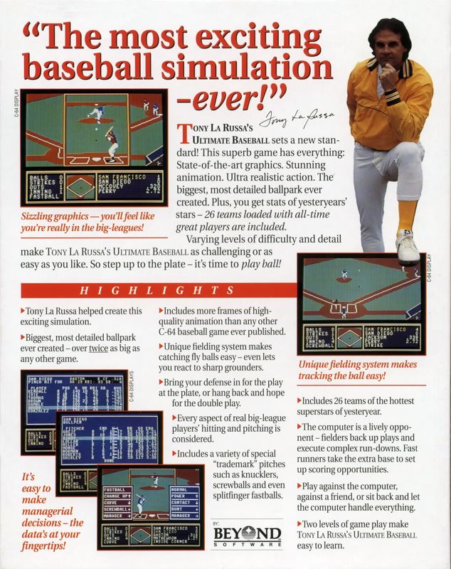 Back Cover for Tony La Russa's Ultimate Baseball (Commodore 64)