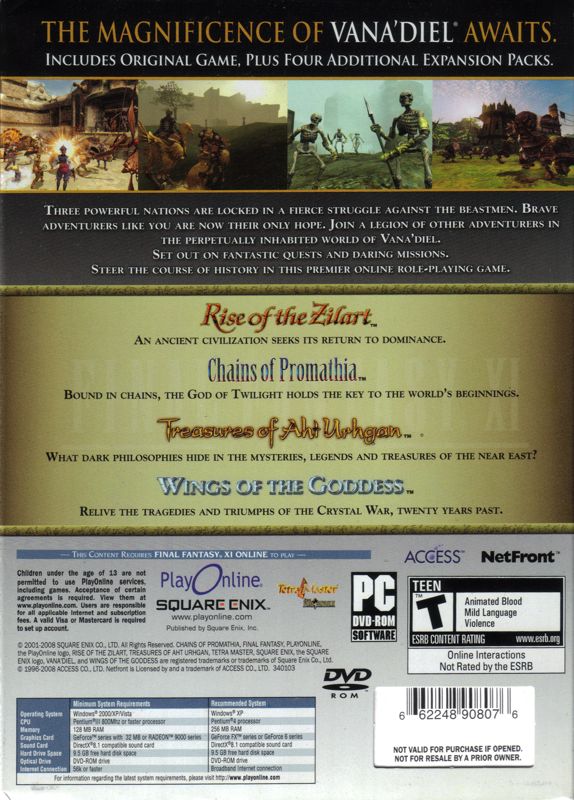 Back Cover for Final Fantasy XI Online: Vana'Diel Collection 2008 (Windows)
