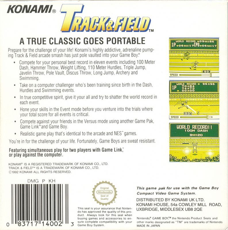 Back Cover for Track & Field (Game Boy)